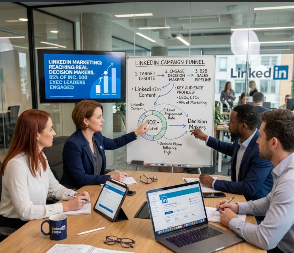 this image on demonstrating LinkedIn’s reach to decision-makers, emphasizing strategic planning and B2B engagement in a professional office setting.