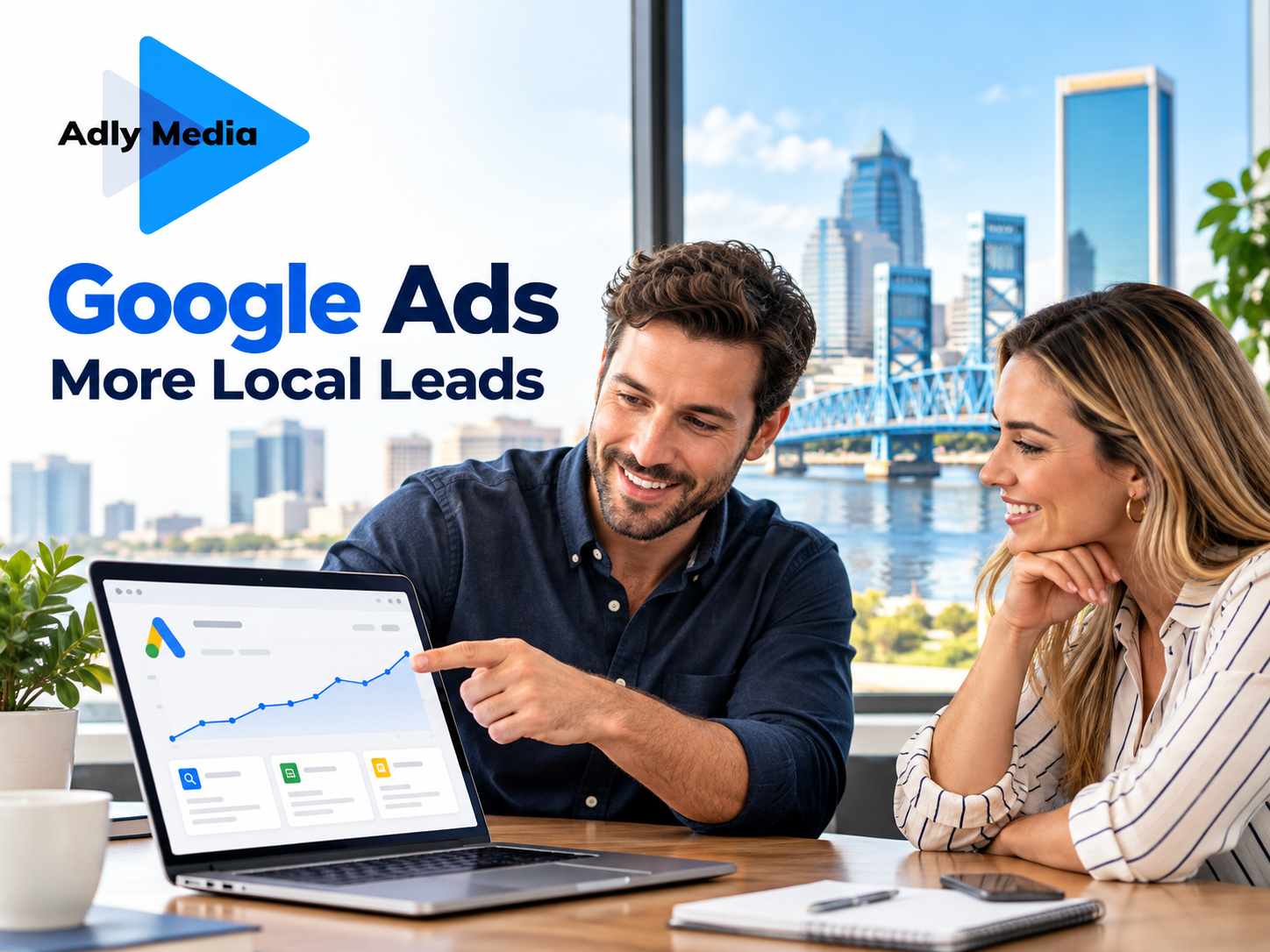 Jacksonville small business owner reviewing Google Ads campaign performance with a marketing specialist.