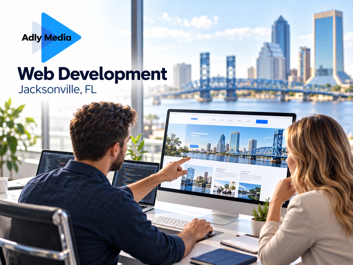 Developer and client reviewing a website with the Jacksonville skyline behind them and the Adly Media logo above.