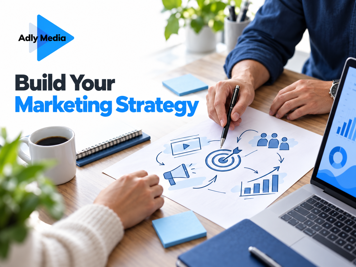 Two people planning a business marketing strategy with audience, target and growth icons, featuring the Adly Media logo.