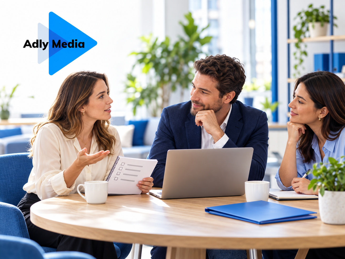 Business owner asking marketing agency representatives questions during a consultation