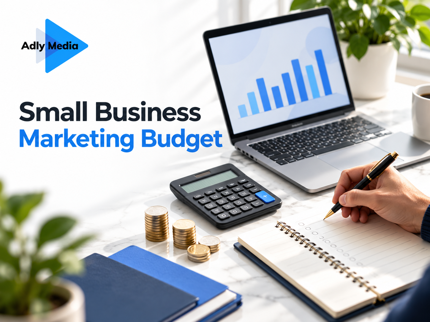 Small business marketing budget planning with a laptop chart, calculator and notebook, featuring the Adly Media logo.
