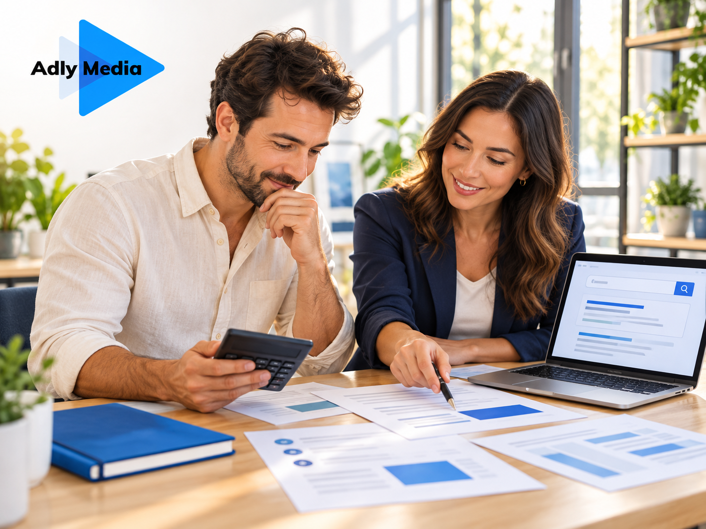 Small business owner and marketing consultant reviewing an SEO budget with a calculator and laptop