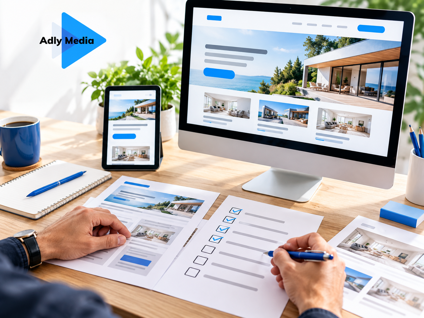 Designer reviewing a website redesign checklist beside desktop and tablet layouts